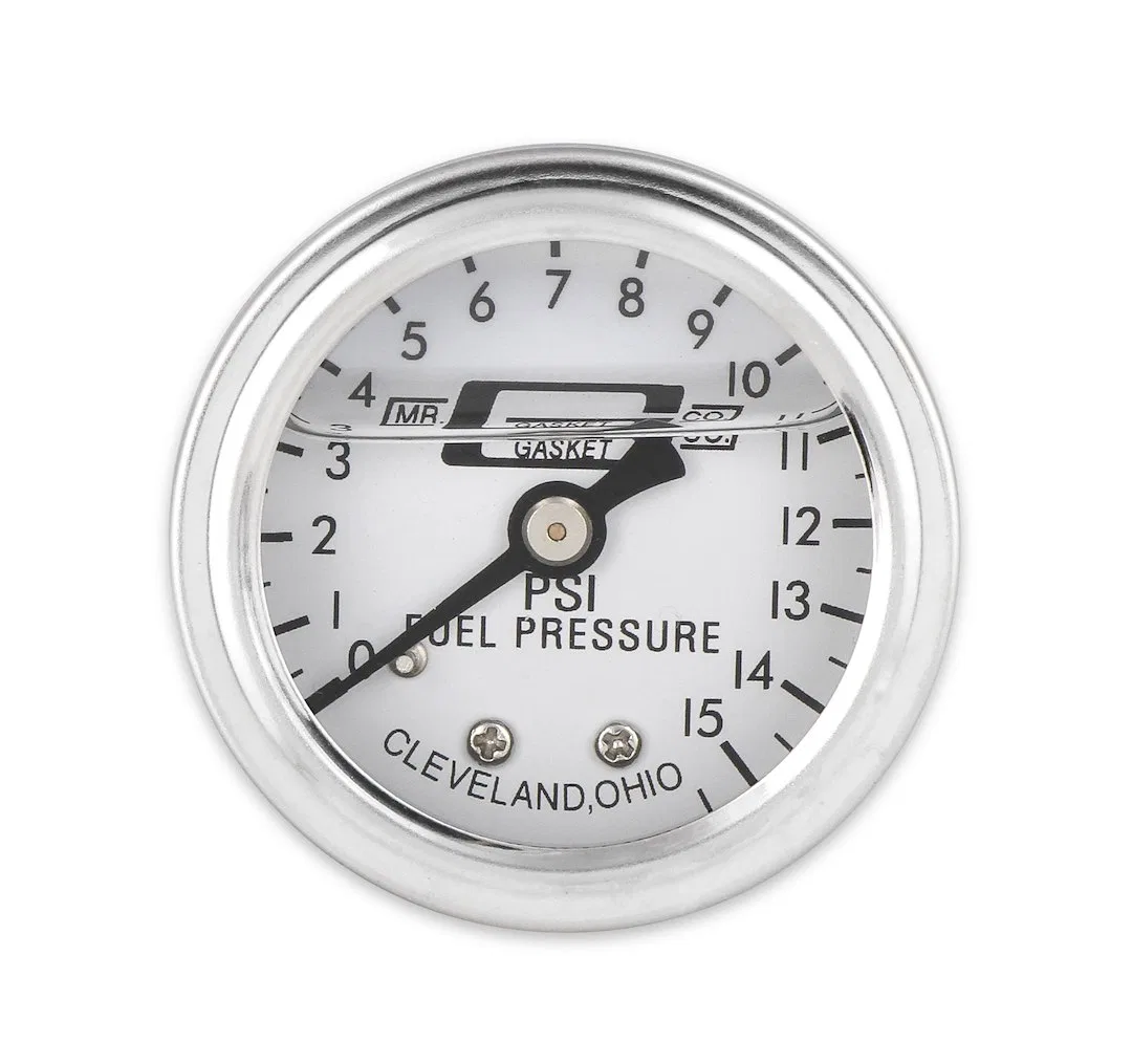 1563 – MR GASKET Gauge Fuel Pressure, 1-1/2 Inch Diameter Full Sweep 0-15 PSI Range Analog Display White Face/ Chrome...